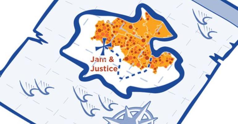 Treasure hunt map overlaid on Jam and Justice GM logo